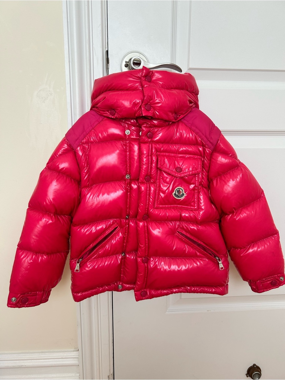 Moncler Kids Shiny Pink Quilted Puffer Jacket with Hood/Size 4 Girls/Vest